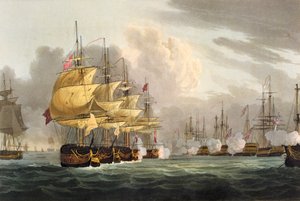 A destruição da frota dinamarquesa antes de Copenhague, 2 de abril de 1801, gravada por Bailey para as "realizações navais" de J. Jenkins, 1816 (gravura colorida)